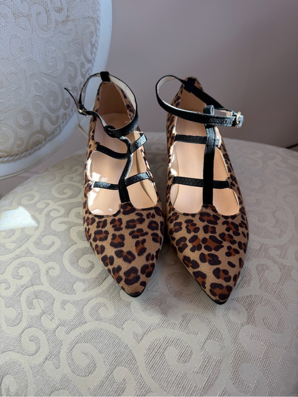 Leopard Print Pointed-Toe Ankle Strap Heels